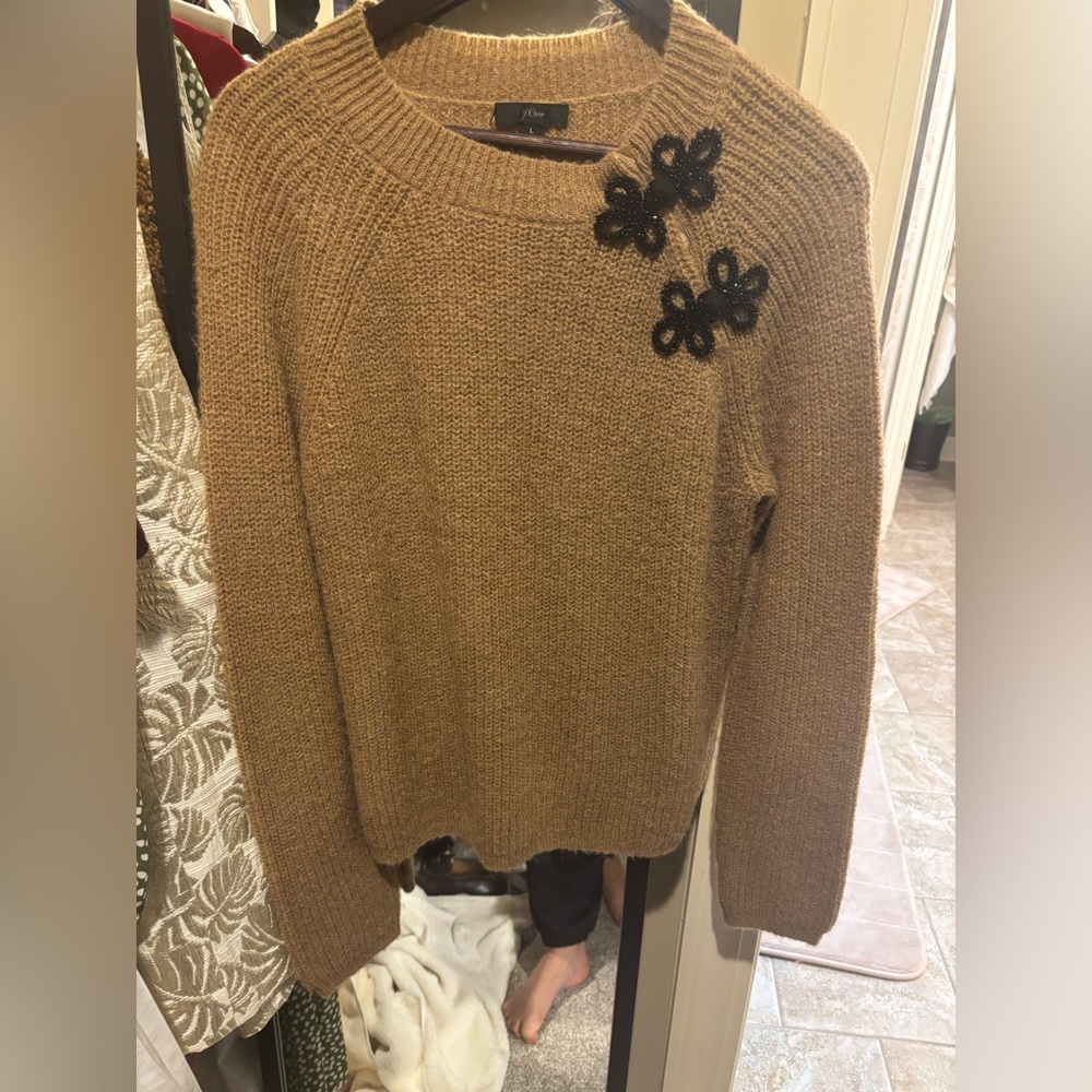 J. Crew Tan Sweater with Black Floral Details